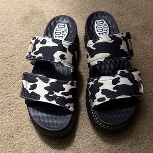 Hey Dude Black and White Cow Print Sandals